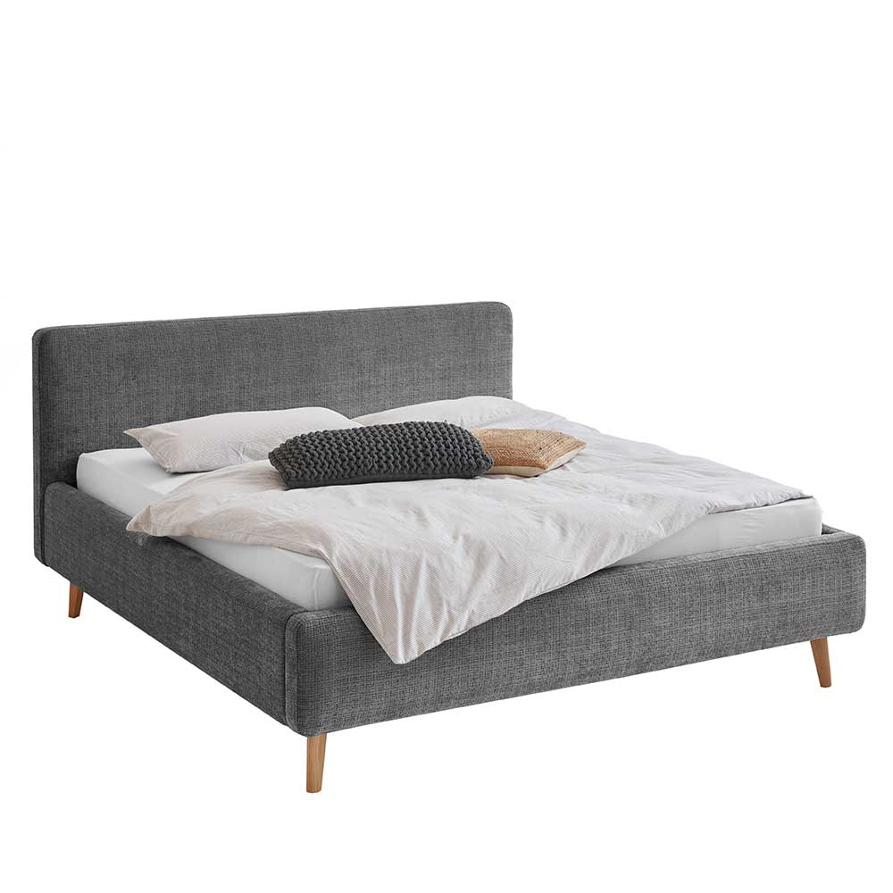 Modernes Boucle Polsterbett in Anthrazit mit stabilen Holzfüßen – Riety