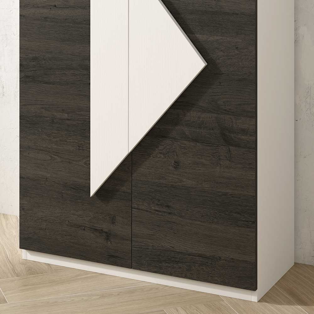 Design Schuhschrank Unterteil in dunklem Holzdekor mit weißem Dreiecks-Akzent und Sockel – Fredo