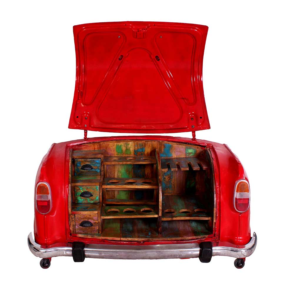 Roter Bar Schrank in Auto Optik geöffnet mit bunten Holzregalen und Schubladen – Rabbia