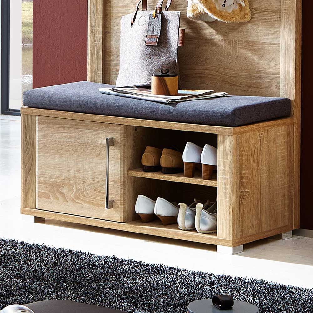 Praktische Schuhbank mit gepolsterter Sitzfläche und offenem Schuhregal in Sonoma Eiche – Xesta