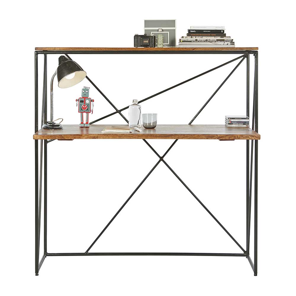 Design Schreibtisch aus Holz und Metall, mit zwei Ebenen und schwarzem Gestell – Offia