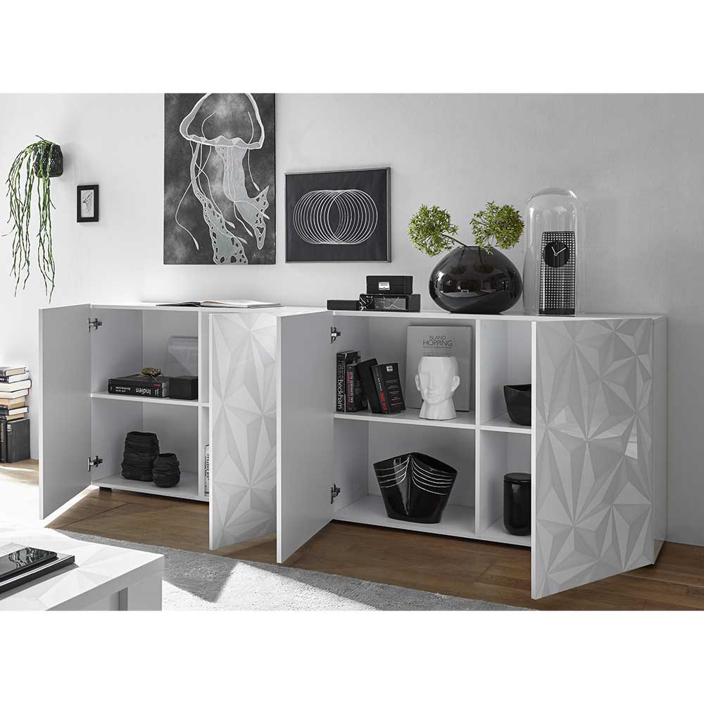 Weißes Sideboard hochglänzend mit geometrischem 3D-Muster und offenen Türen – Vovasoma