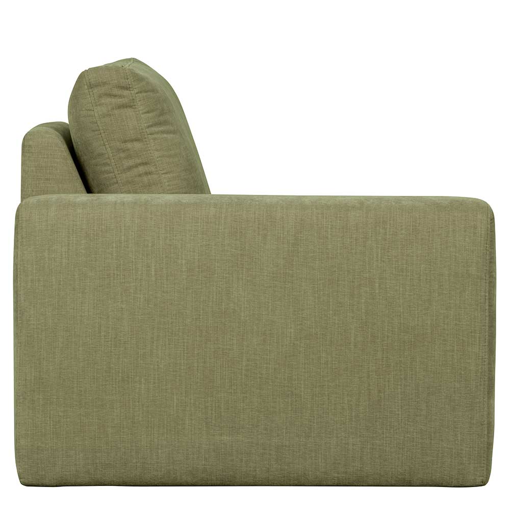 Seitenansicht der grünen Polstercouch mit Rückenlehne und Kissen – Perconia