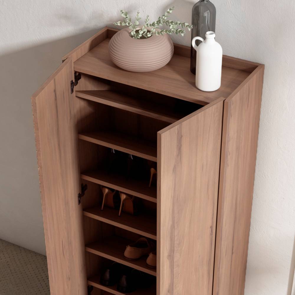 Geöffneter Schuhschrank in Holzoptik Braun mit sichtbaren Schuhfächern und Ablagefläche – Mady