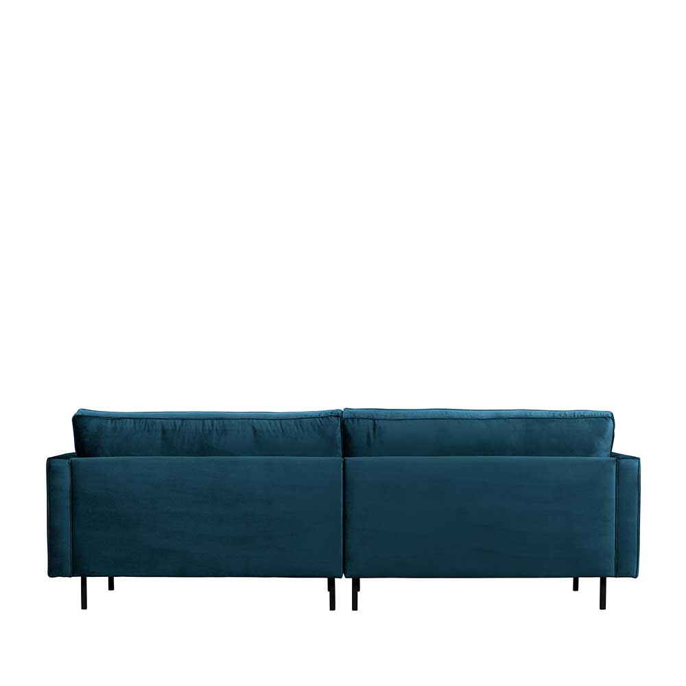 Rückansicht des blauen Velourssofas mit gerader Rückenlehne und schwarzen Beinen – Cumagon