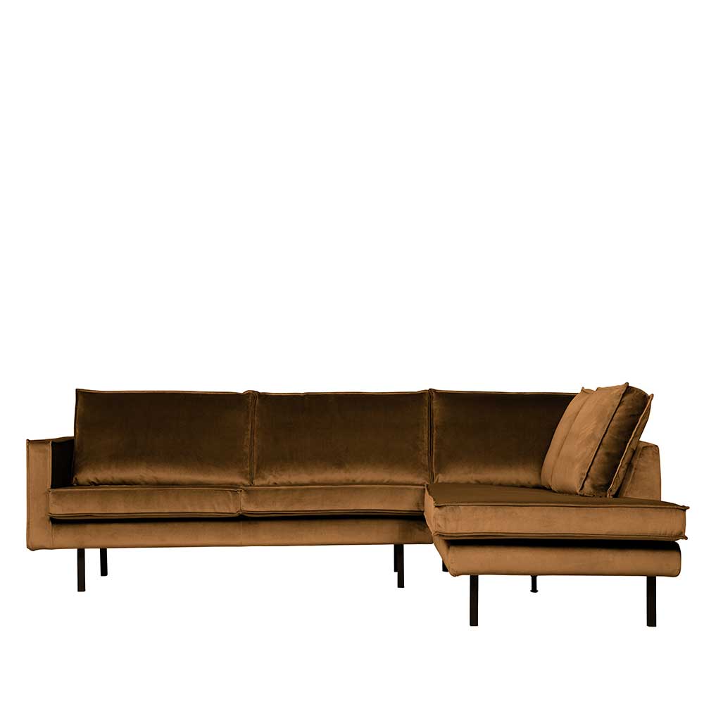 Elegante Eckcouch mit Samtbezug in warmer Honiggelb-Farbe für das Wohnzimmer – Saguan
