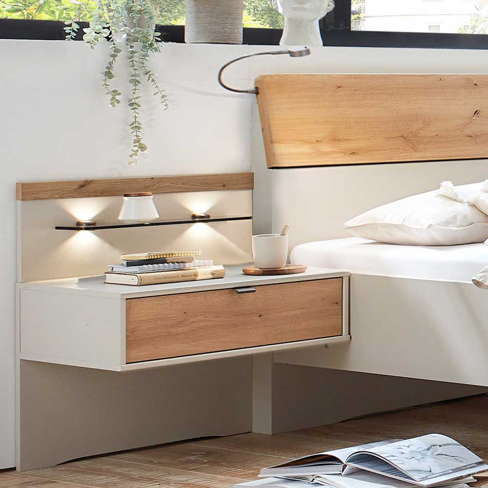 Schwebender Nachttisch mit Holzschublade und integrierter LED-Beleuchtung am Bettkopfteil Set – Kezmina