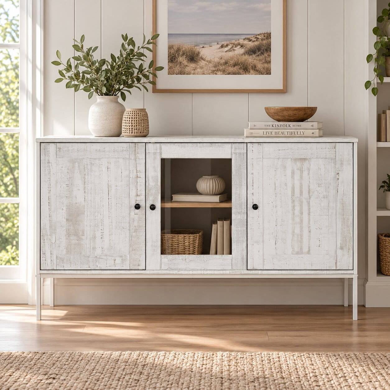 Geschlossenes weißes Kiefernholz Sideboard mit Glastür und Used-Look für Esszimmer – Ejeliva