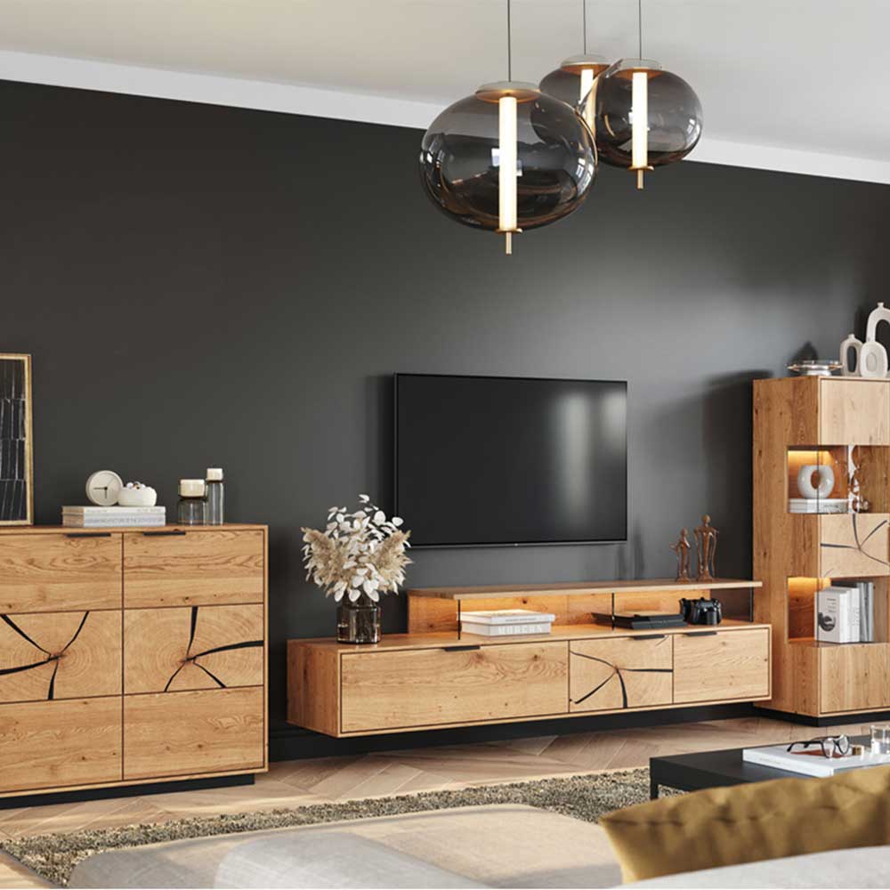 Eichenholz TV Board mit Hirnholz Applikation - Deruta