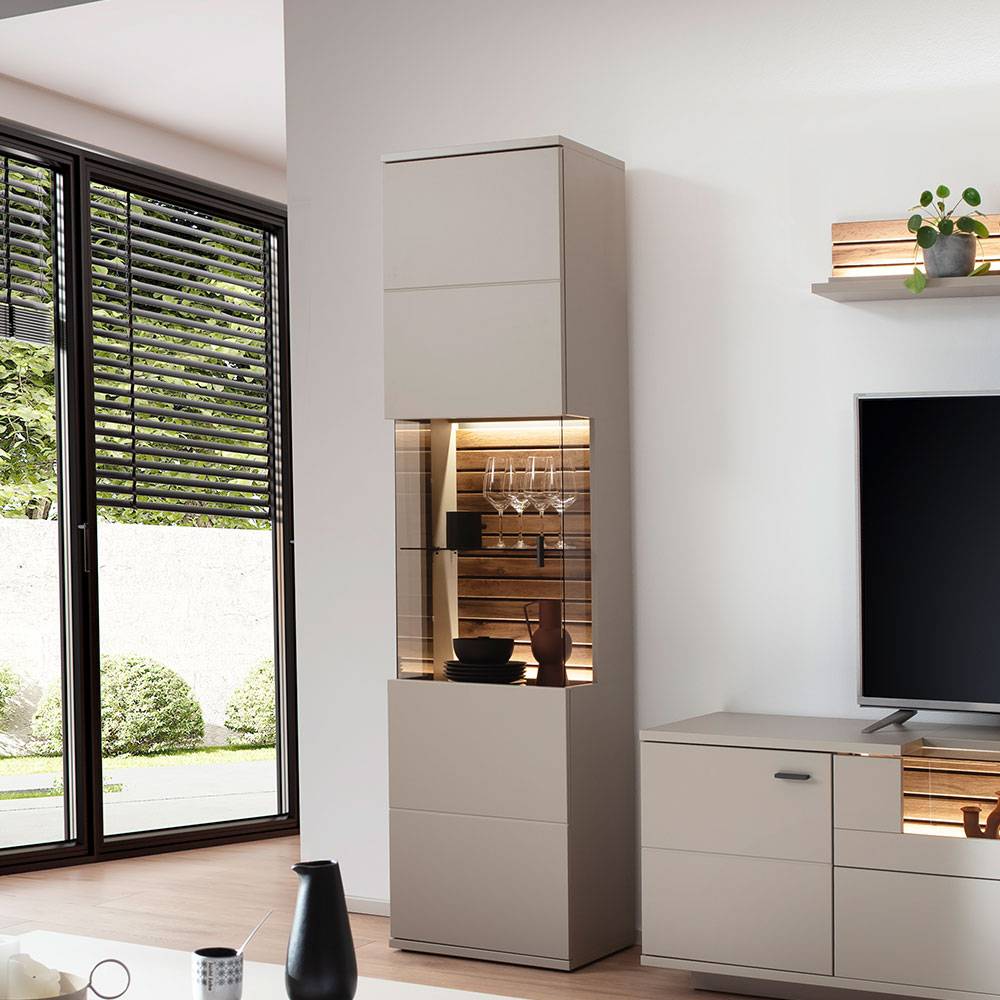 Vitrinenschrank in Grau mit Wildeiche - Teorina