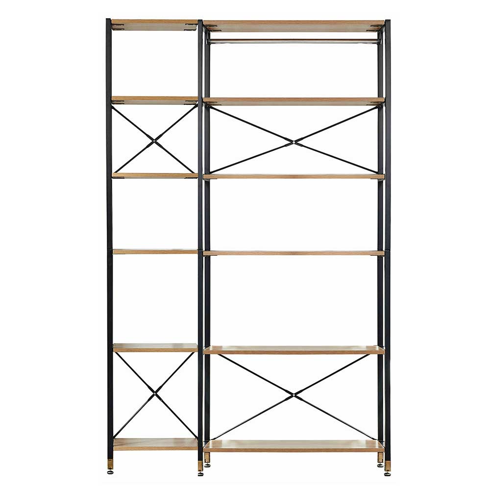 Großes offenes Industrialregal für Garderobe mit mehreren Holzablagen und schwarzem Metallrahmen – Special