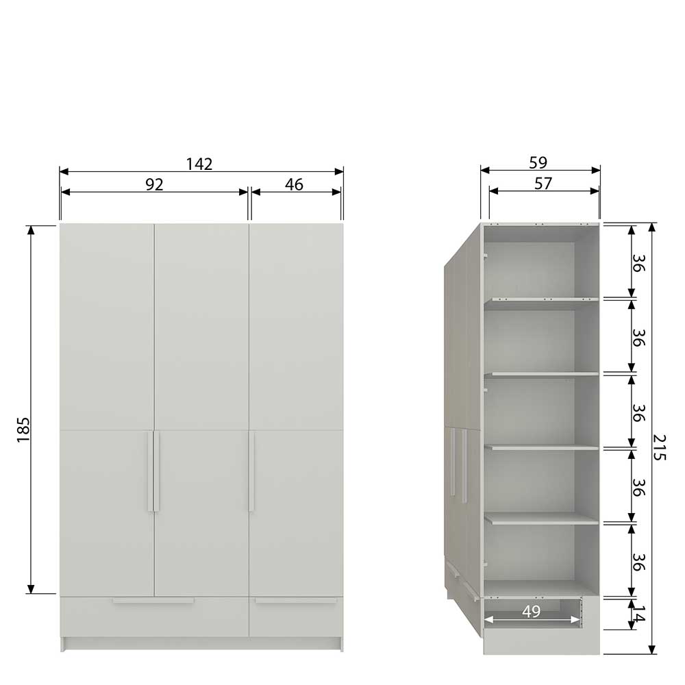 Kombi-Kleiderschrank in Hellgrau - Anela