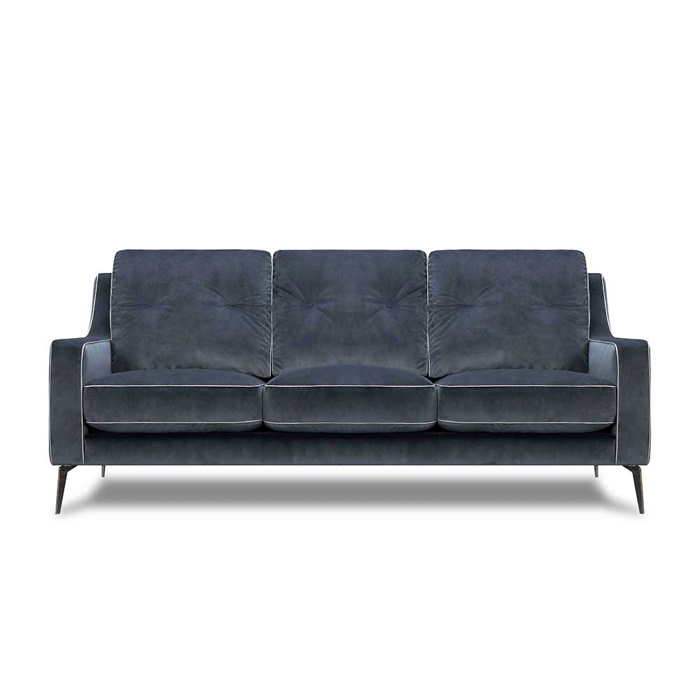 Dunkelblaues 3er Design Sofa aus Samt mit Nosagunterfederung und weißen Ziernähten – Sesedra