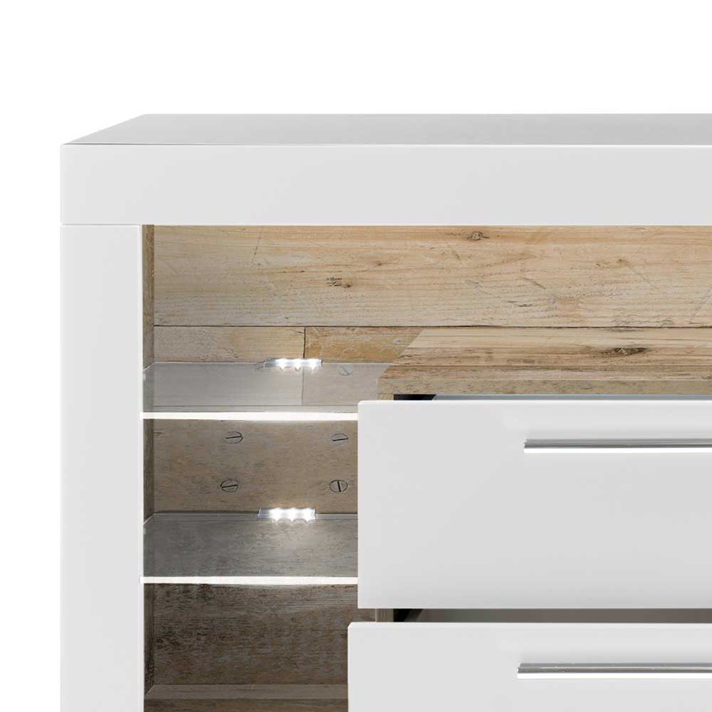 TV Lowboard in Weiß HG & Holz Antik Dekor - Masina