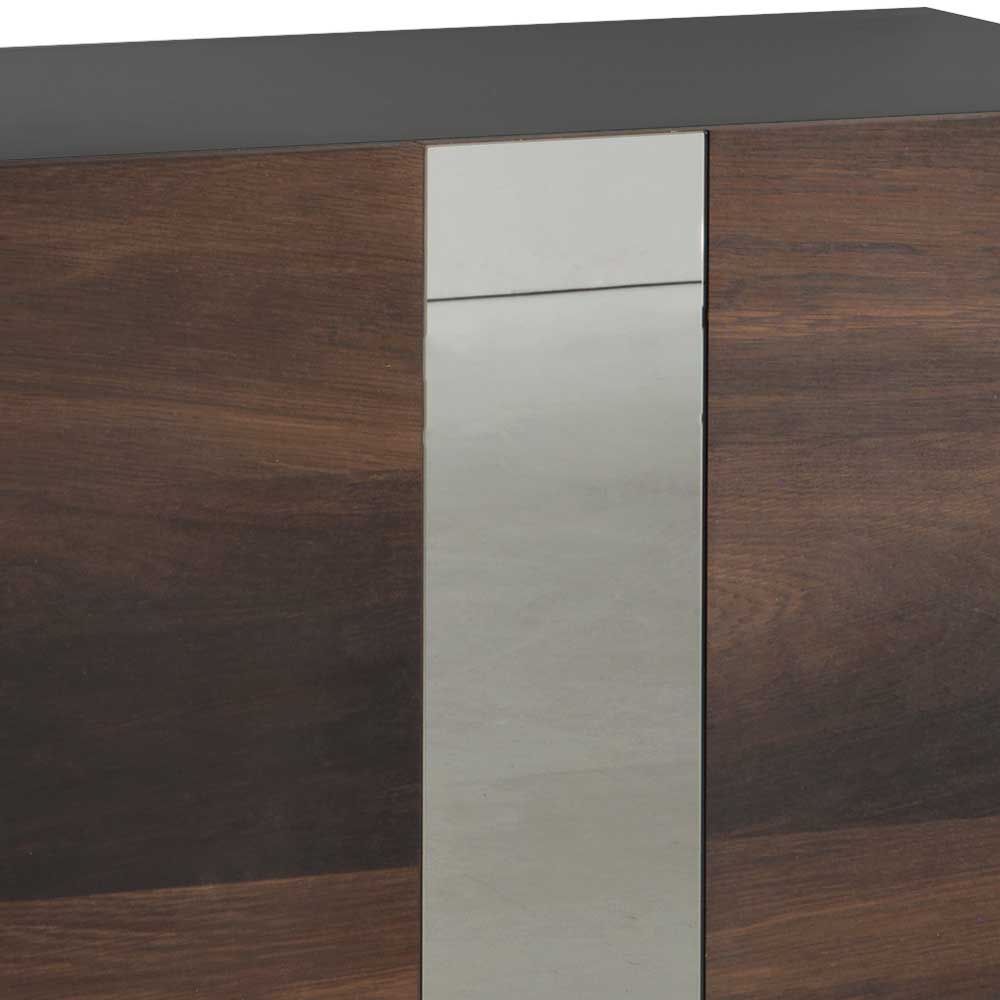 Dunkelbraunes Sideboard mit eleganter Holzmaserung und rauchgrauem Spiegelelement – Jonni