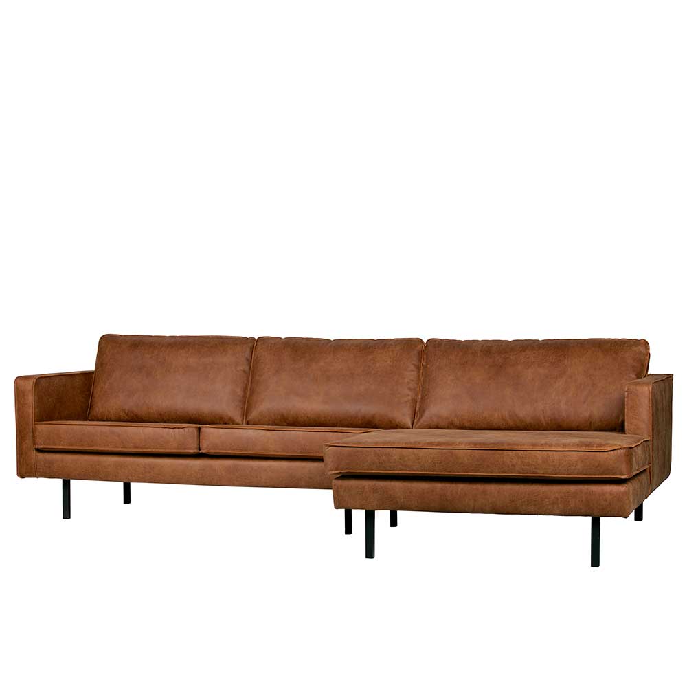Stilvolles Echtleder Sofa mit Chaiselongue rechts in warmem Cognac Braun – Artemi