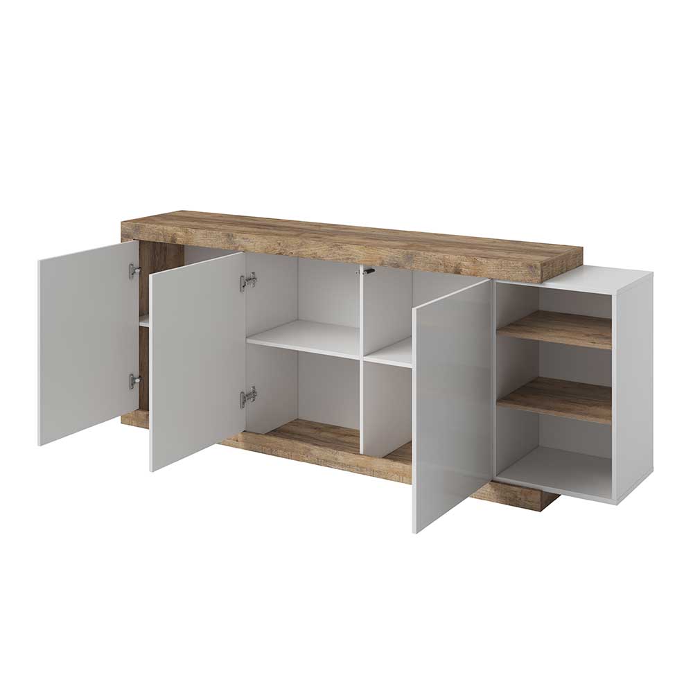 Modernes Sideboard mit drei geöffneten Hochglanz Türen und viel Stauraum in Holzoptik – Milvara