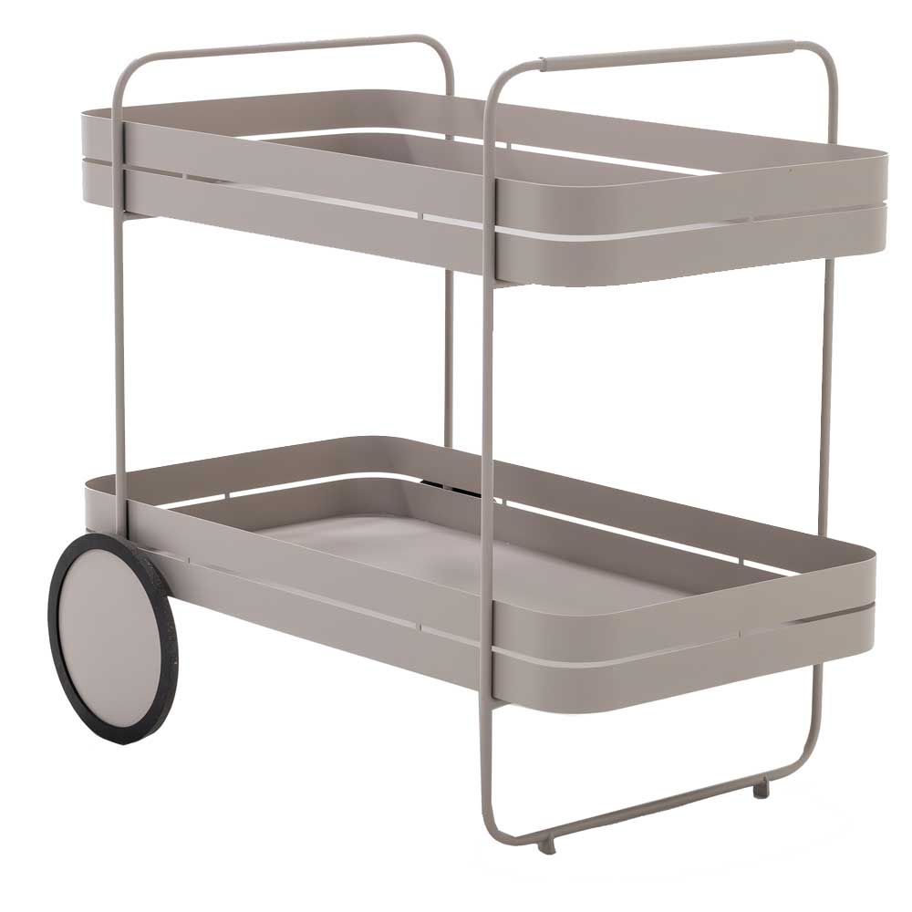 Design-Servierwagen in Taupe mit zwei praktischen Ablagen und Rollen für den Transport – Gicanta