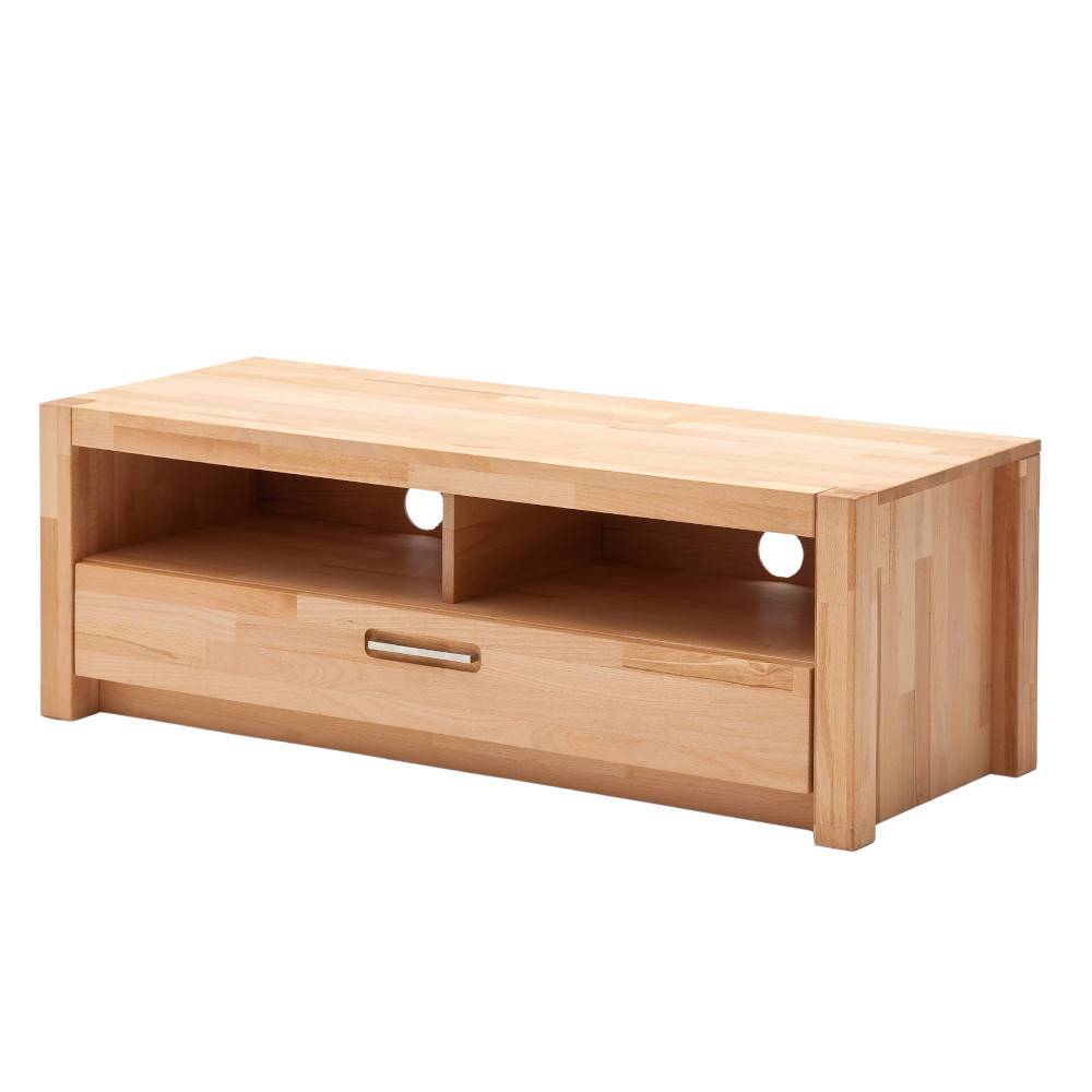TV-Board aus Kernbuche Massivholz mit zwei offenen Fächern und Schublade – Levandro