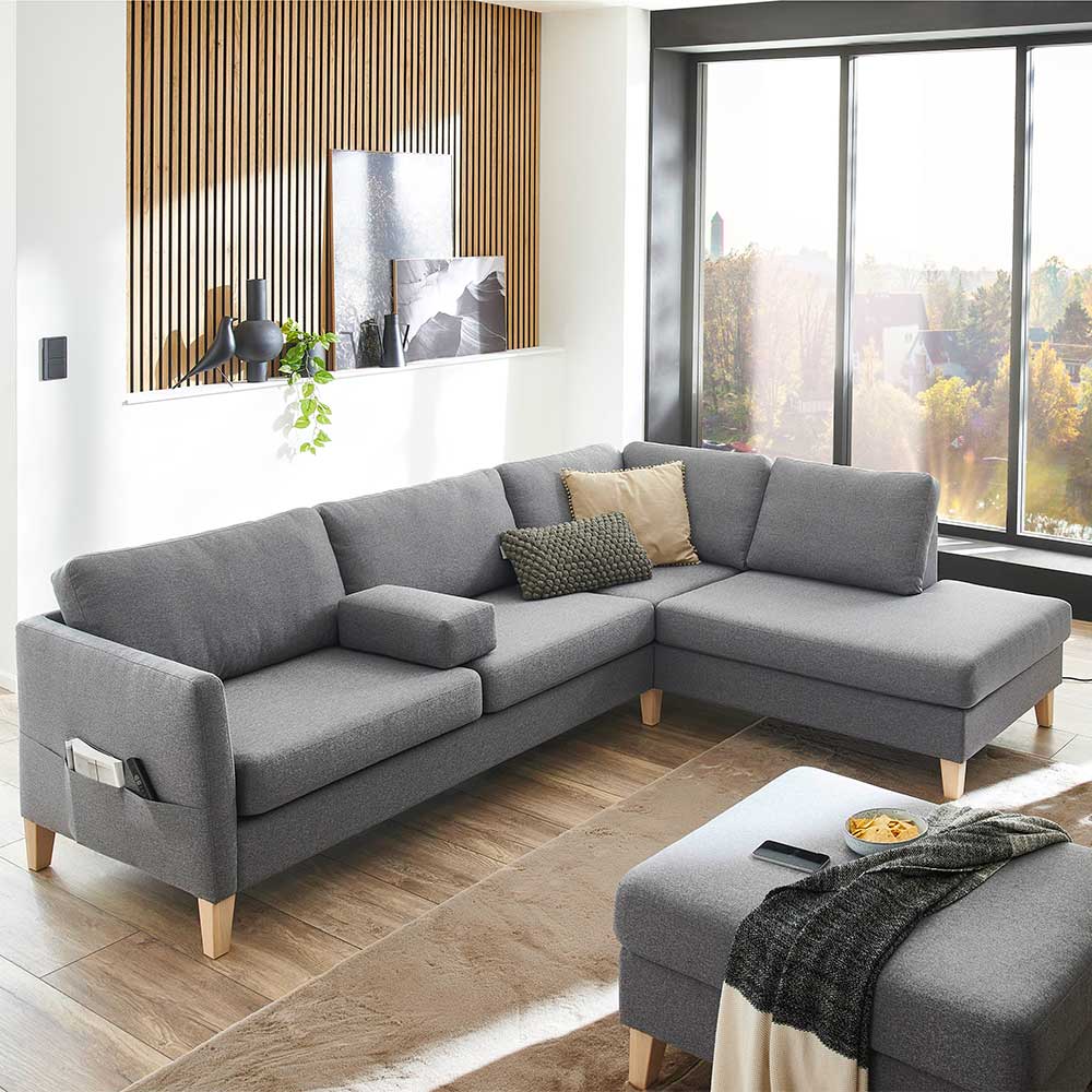 Ecksofa in Grau Stoff - Dreisitzer - Donnsai
