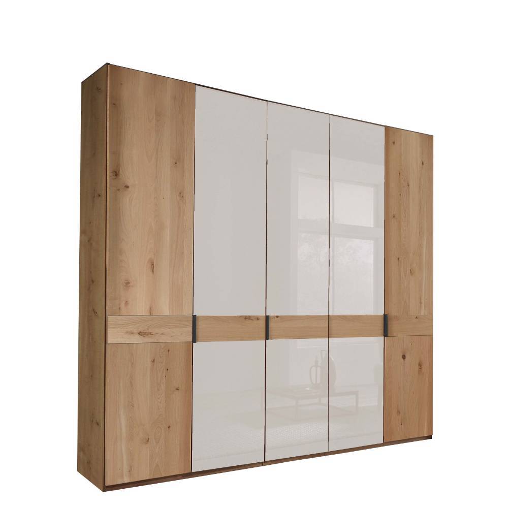 Schlafzimmer Kleiderschrank fünftürig in heller Holzoptik und Weiß Hochglanz – Crucav