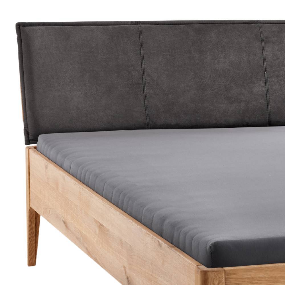 Stoff-Kopfteil in Dunkelgrau und massiver Wildeiche Bettrahmen für das Schlafzimmer – Babahira