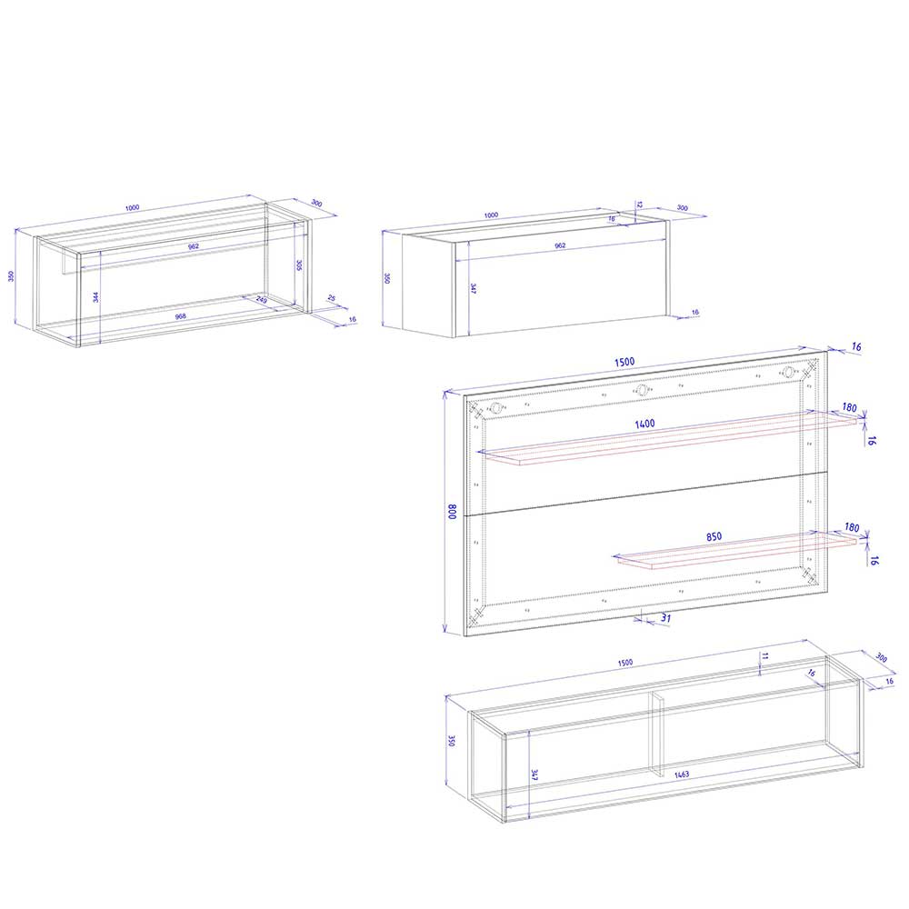 Wohnzimmer Anbauwand Set hängend - Nonessia (vierteilig)