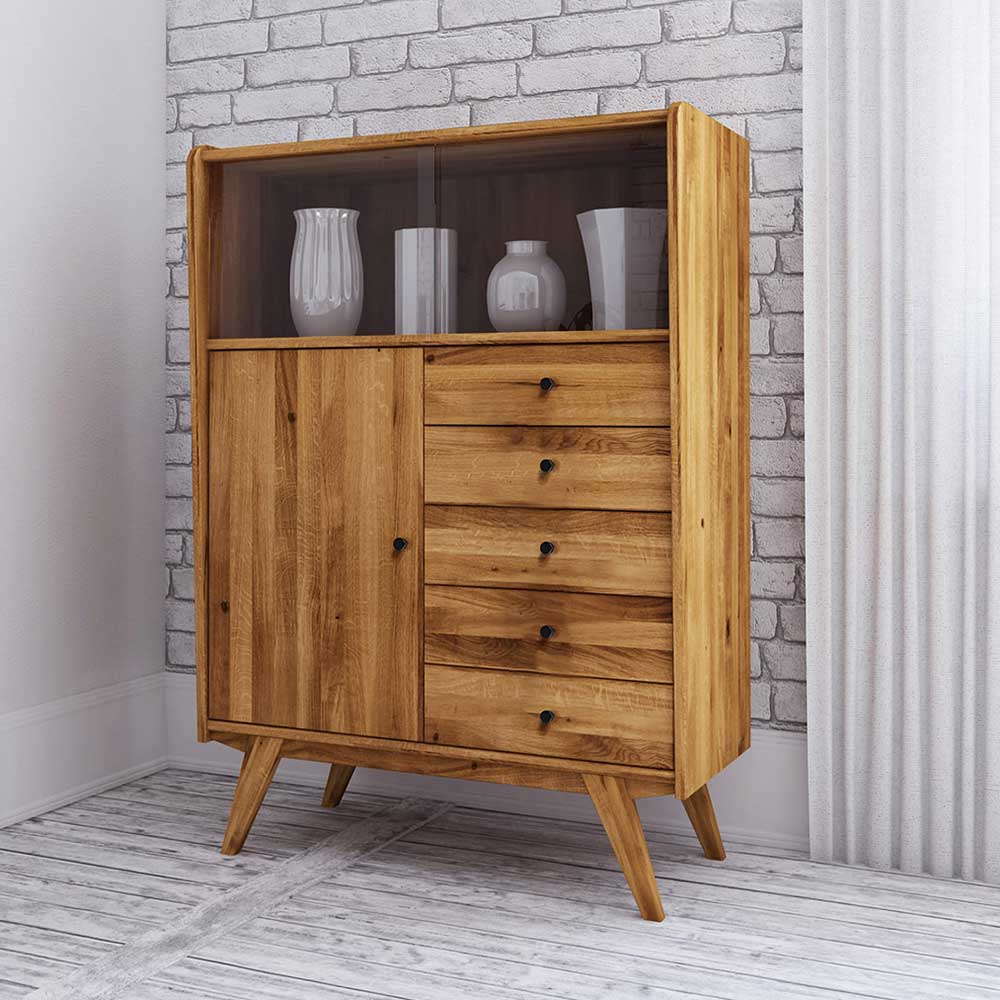 Mid Century Vitrinenschrank aus Eichenholz mit Glastüren und fünf Schubladen – Hardus
