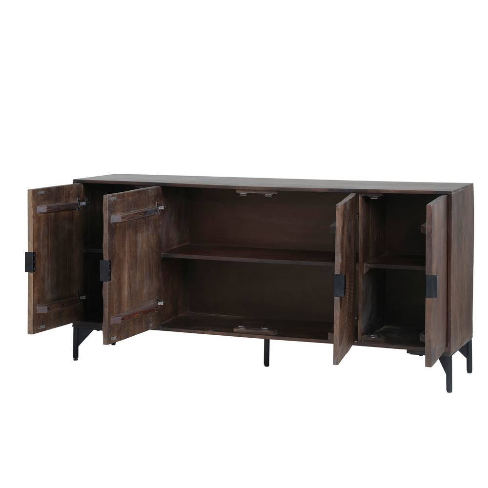 Mangoholz-Sideboard in Walnussbraun mit geöffneten Türen und praktischem Stauraum sowie Ablagefächern – Epos