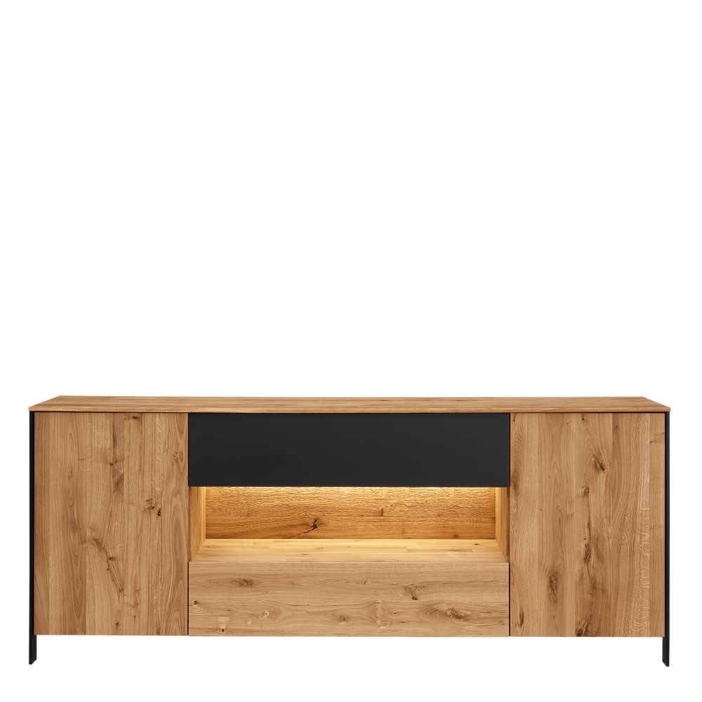 Geschlossenes Massivholz Sideboard mit zwei Türen, schwarzer Front und LED-Lichtfunktion – Viligrana
