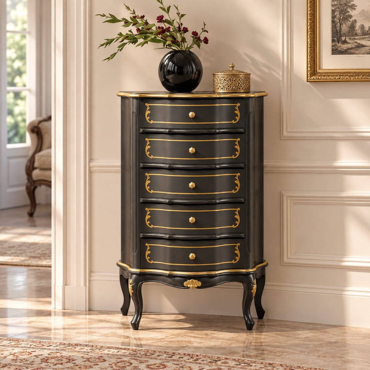 Design-Hochkommode in Dunkelbraun und Gold - Numrek