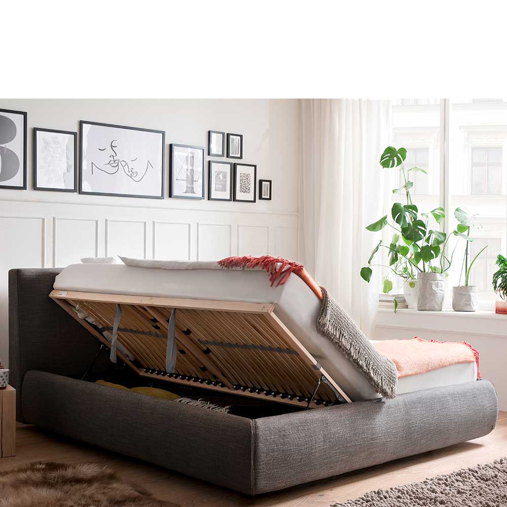 Graues Polsterbett mit Bettkasten - Lecentra