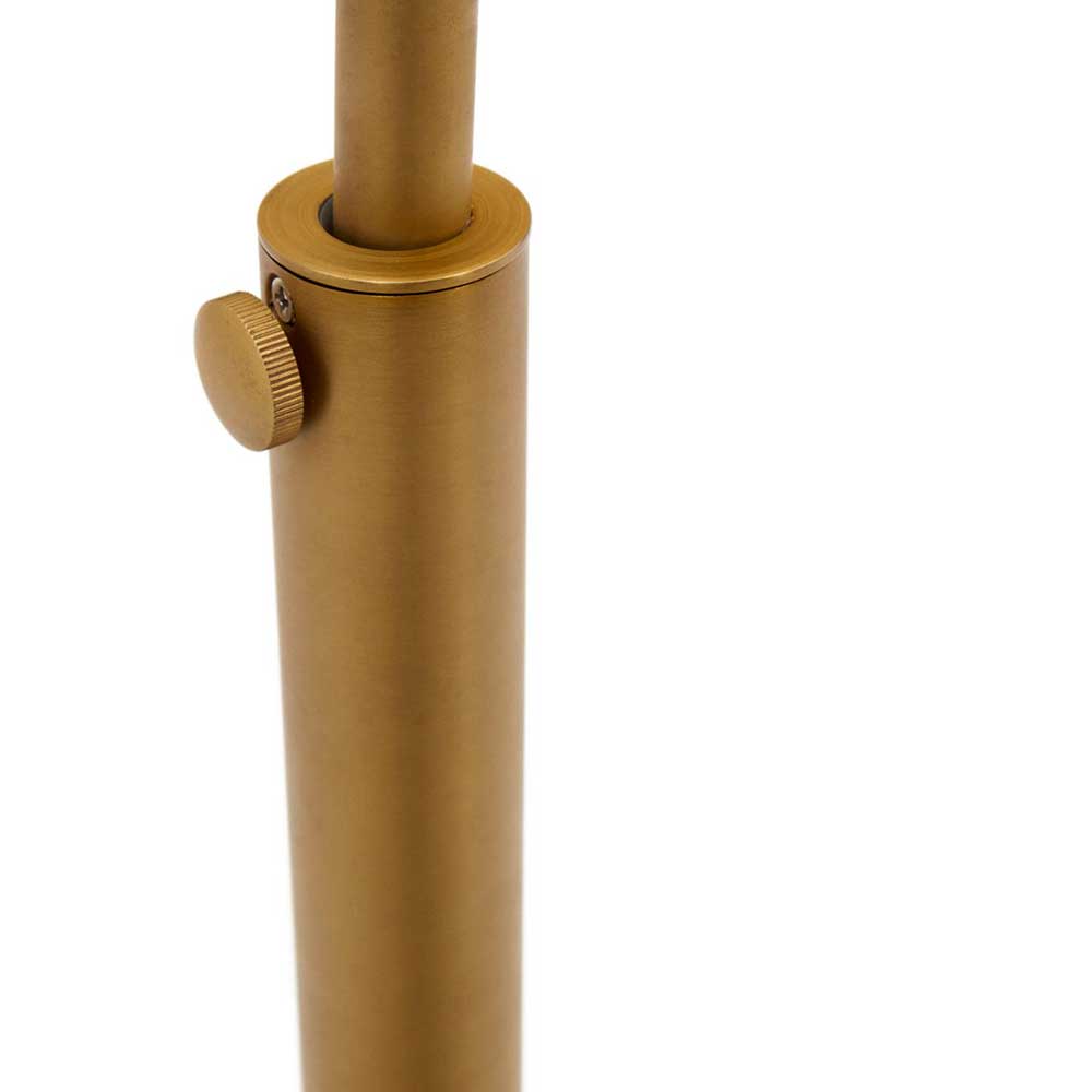 Verstellmechanismus der Bogenlampe am messingfarbenen Standrohr mit goldener Schraube – Suomi