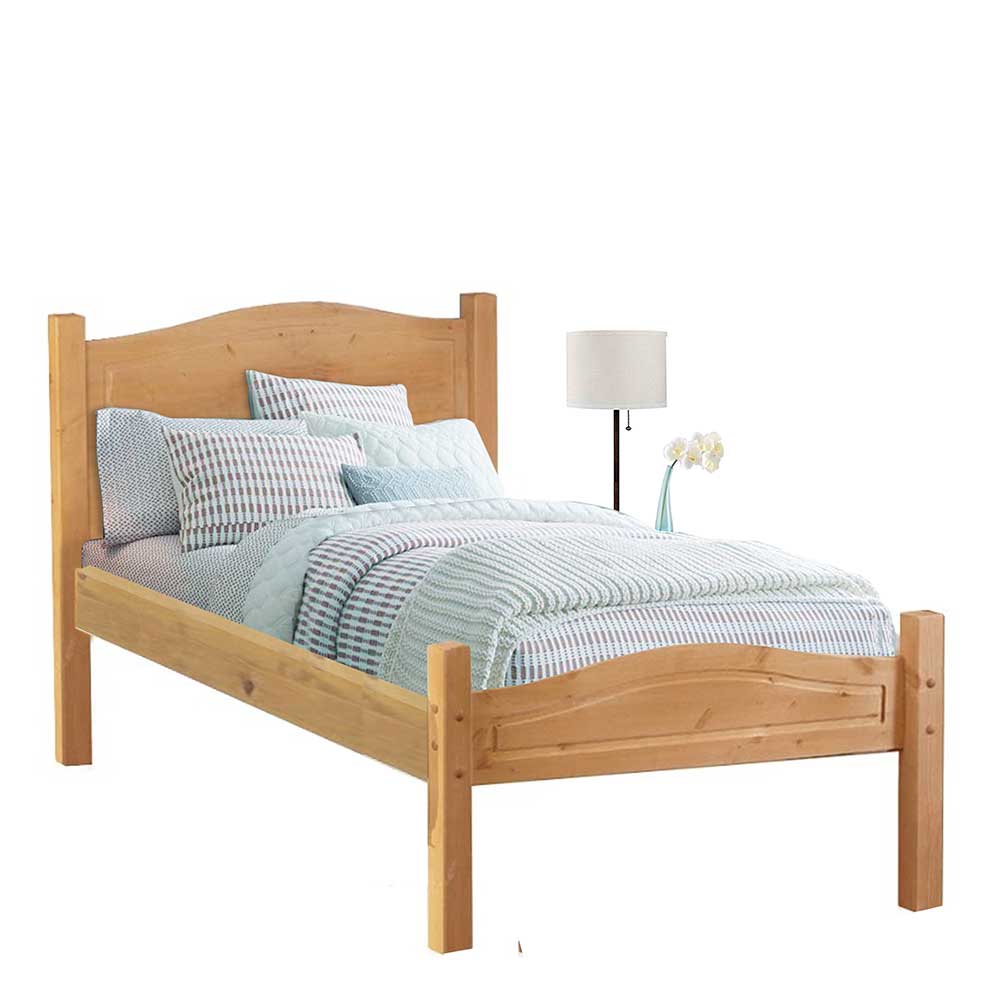 Holzbett aus Kiefer mit Matratze und moderner gestreifter Bettwäsche – Verwego