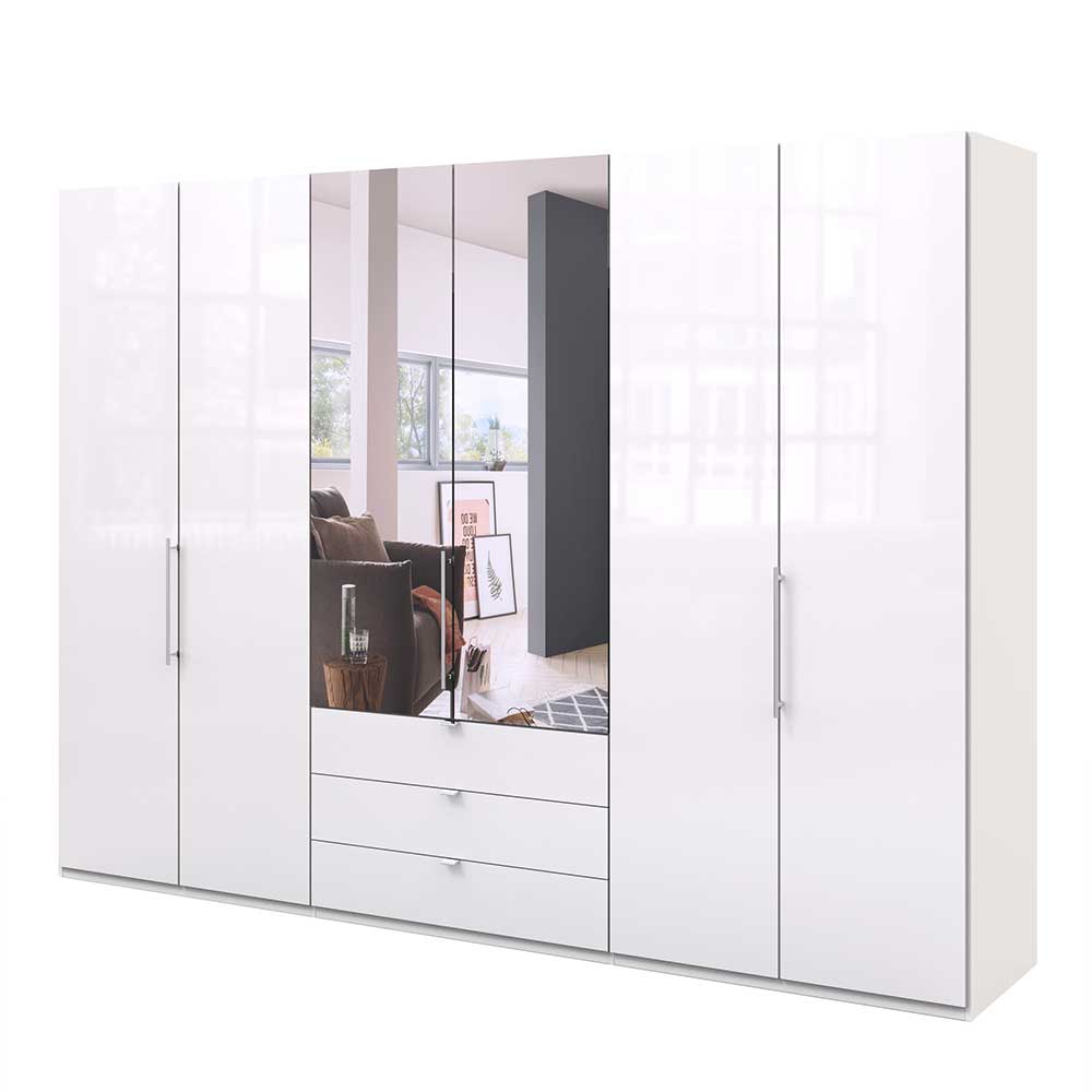 Großer weißer Hochglanz Schlafzimmerschrank mit Spiegeltüren und drei Schubladen – Dolienca