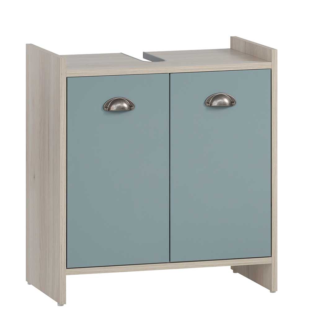 Blauer Badschrank mit zwei geschlossenen Türen und Muschelgriffen – Capreran