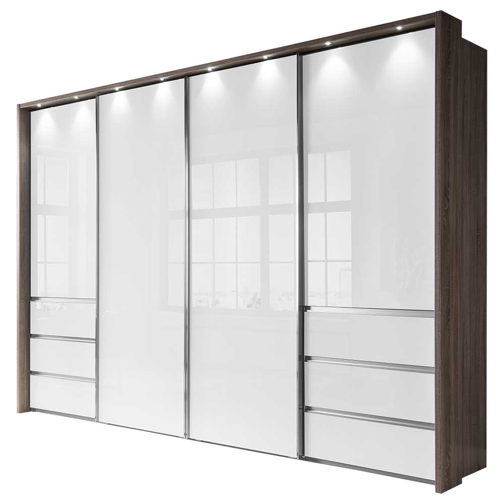 Großer Schwebetürenschrank in Holzoptik und weiß Hochglanz mit LED-Beleuchtung – Seymour