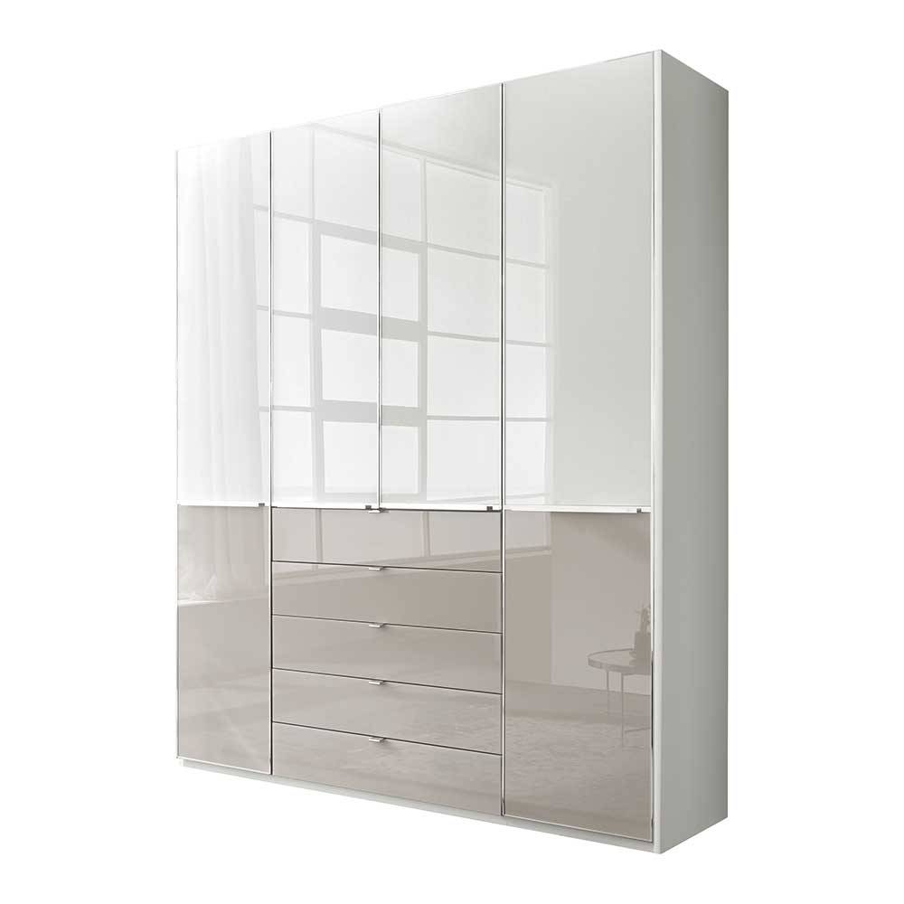 Breiter Kombi-Kleiderschrank 1,98m mit glänzenden Glasfronten in Weiß und Beige, Türen und Schubladen – Pascan