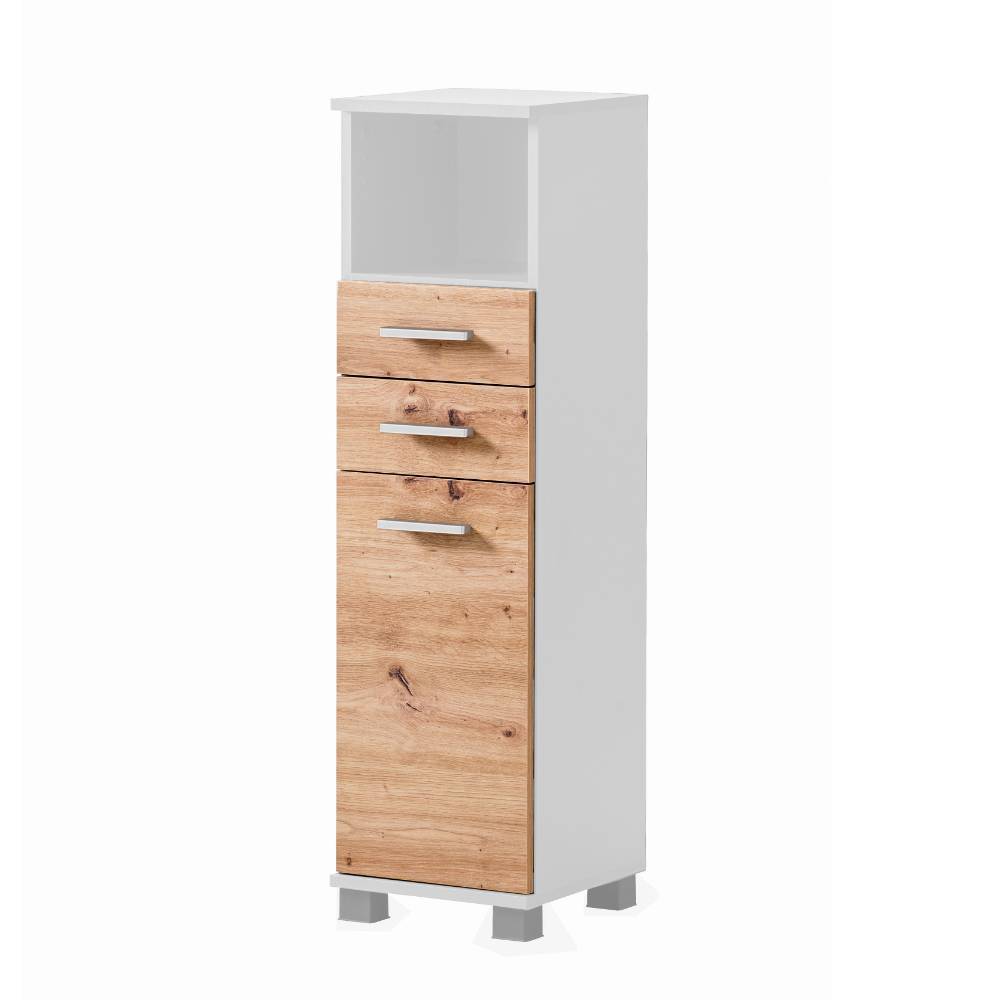 Schlanker Hochschrank für das Bad in Weiß und Wildeiche Holzoptik mit viel Stauraum – Tolucara