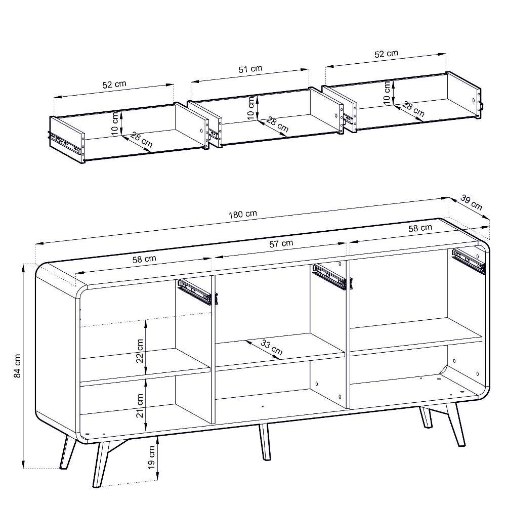 Sideboard in Eiche Holzoptik Maße und Abmessungen der Fächer und Schubladen – Embrus