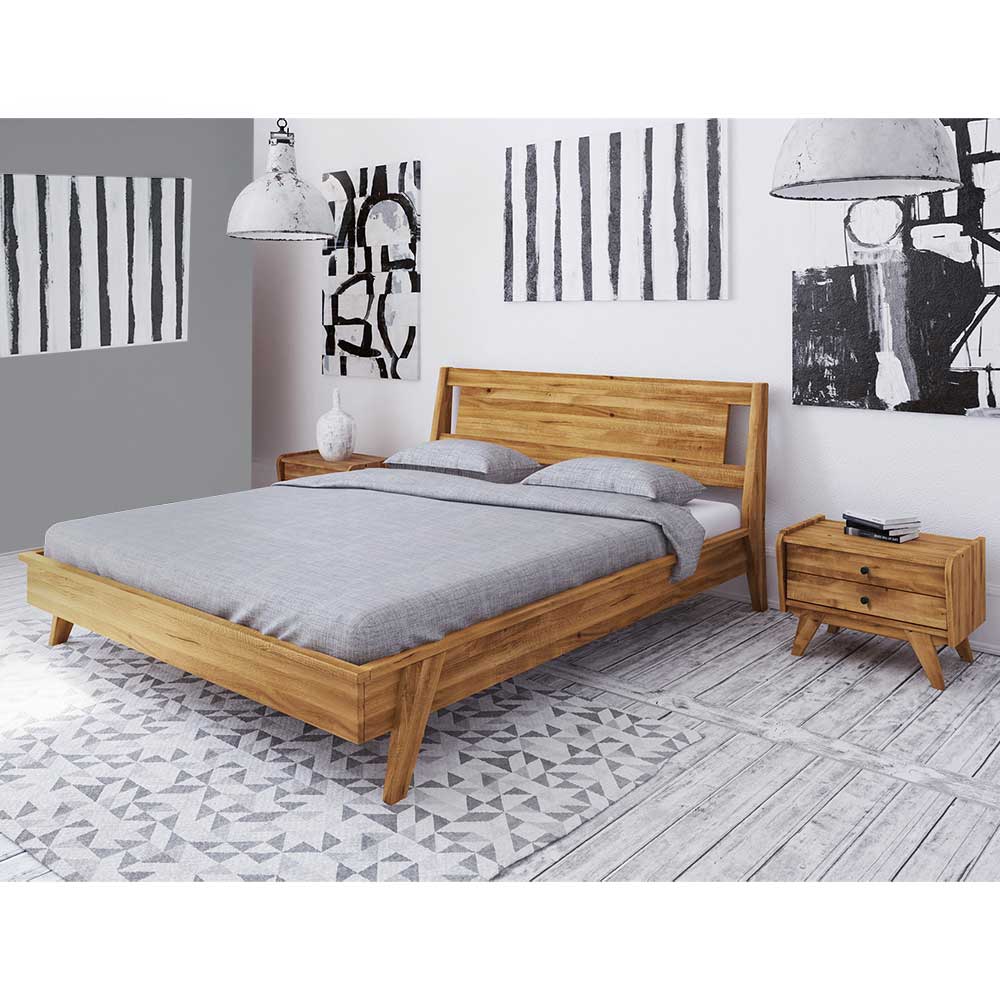Wildeiche Holz Bett mit Überlänge 220 cm - Hardus (dreiteilig)