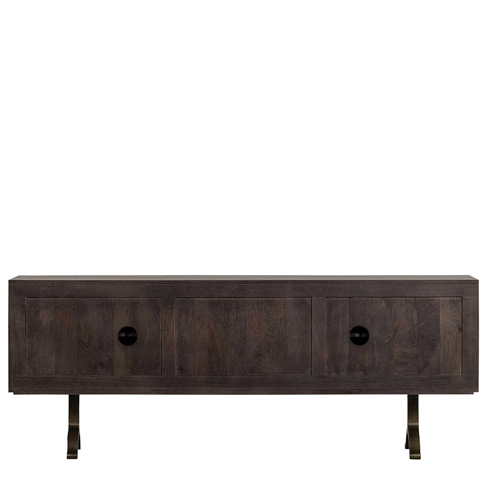 Modernes Sideboard aus dunklem Mango Holz mit glatten Türen und runden schwarzen Griffen – Pisino