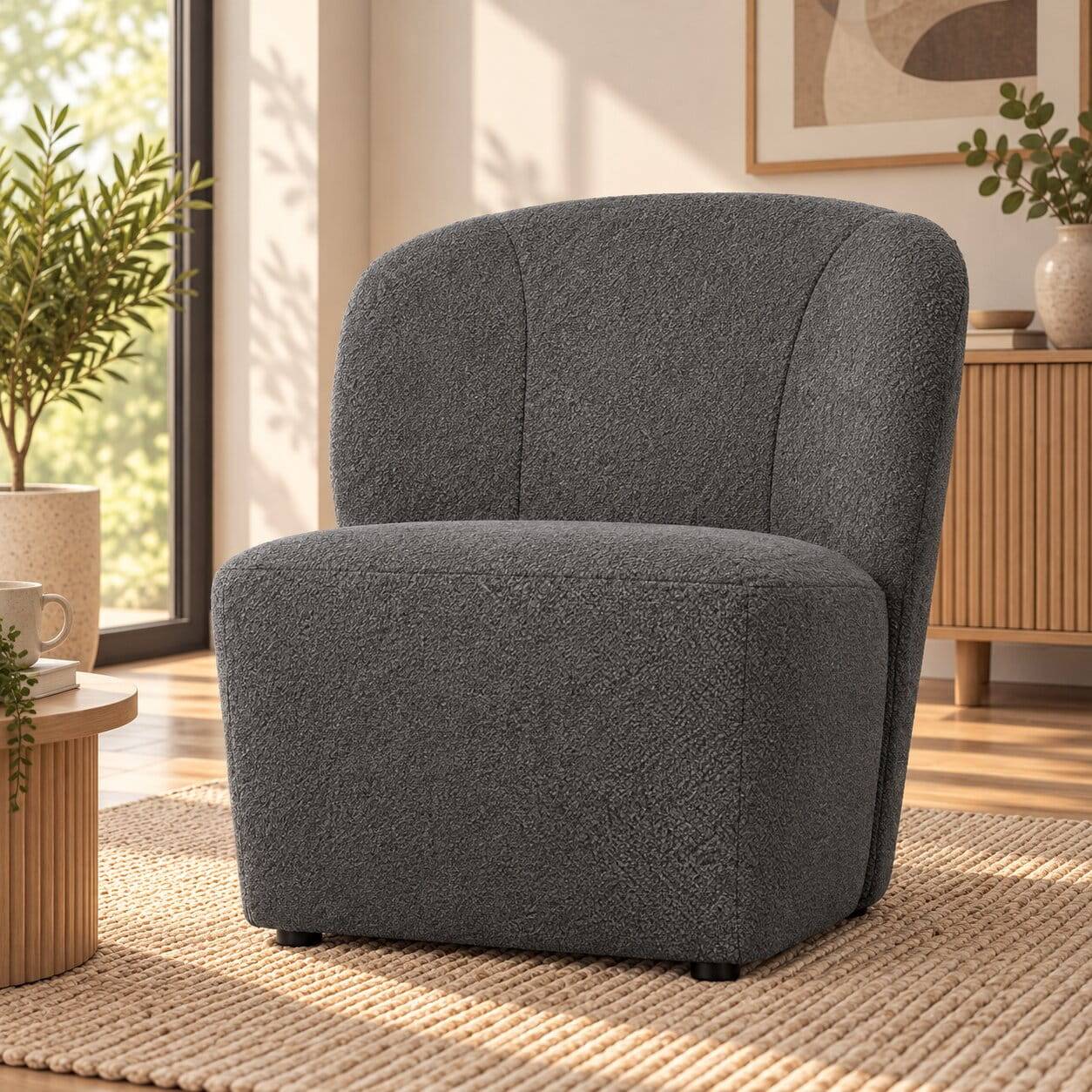 Retrostil Sessel aus Boucle-Stoff Dunkelgrau - Negro