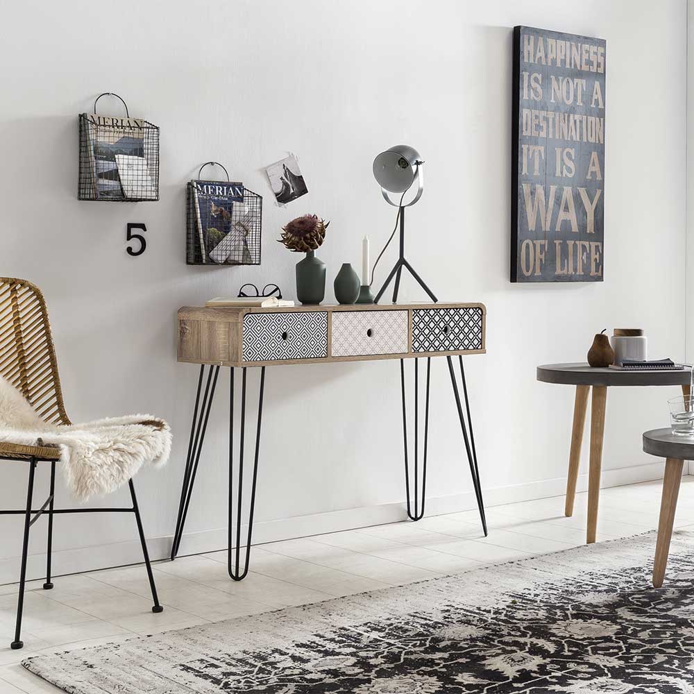 Design Konsolentisch mit drei gemusterten Schubladen und schwarzen Metallbeinen im Retro Stil – Drondo
