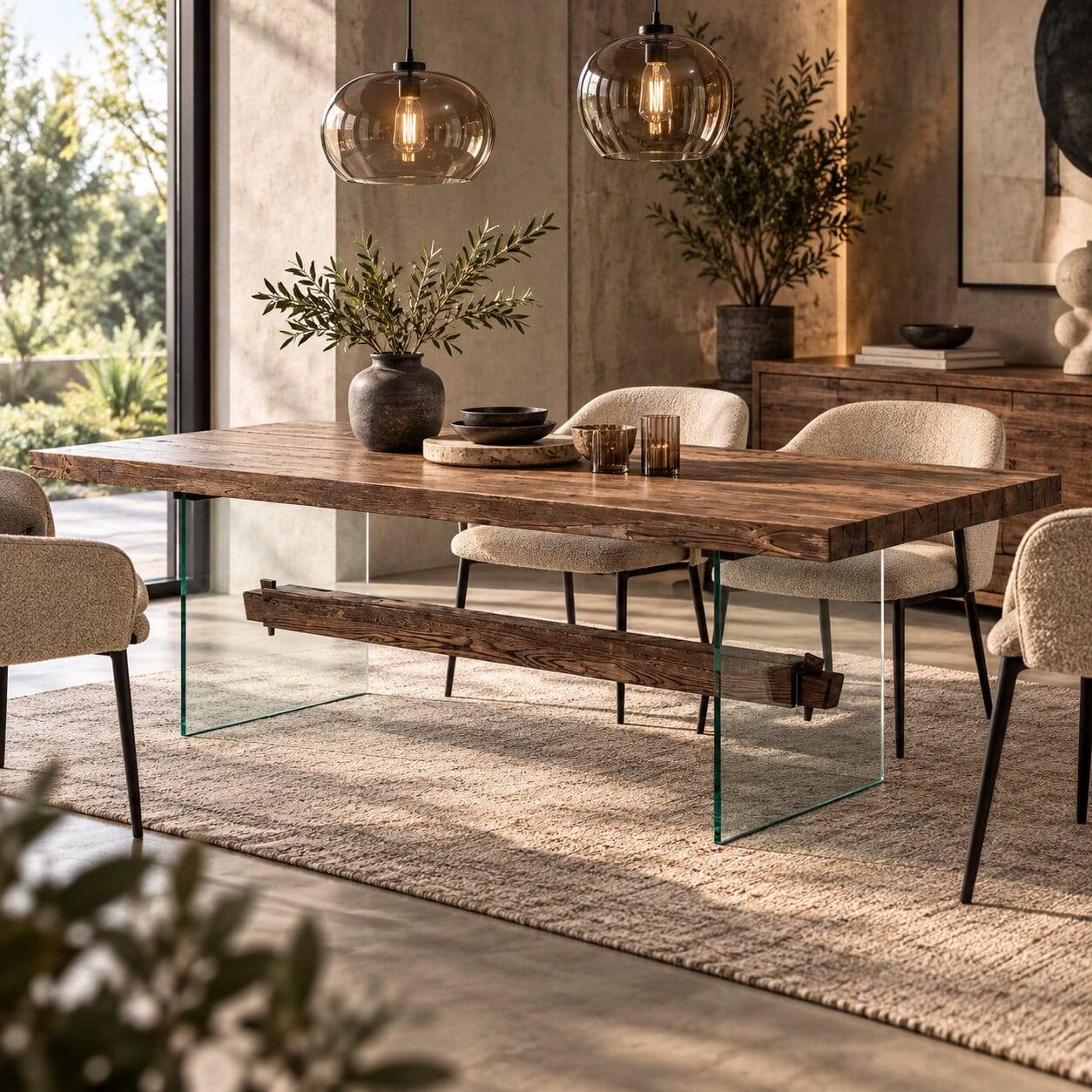 Design Eiche Esstisch mit Glas Gestell - Ventida
