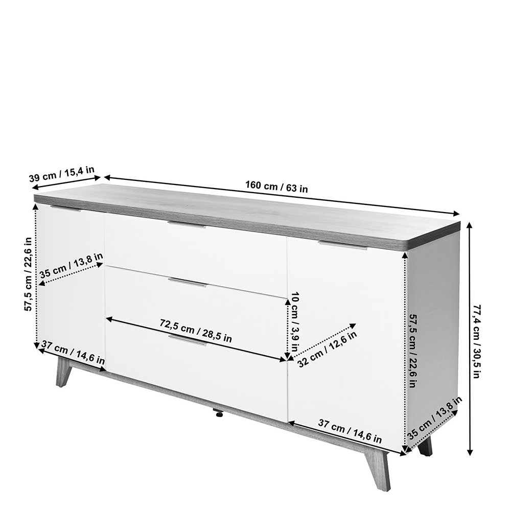 Skandi Sideboard weiß mit Kerneiche Abmessungen und Größenangaben – Xuana