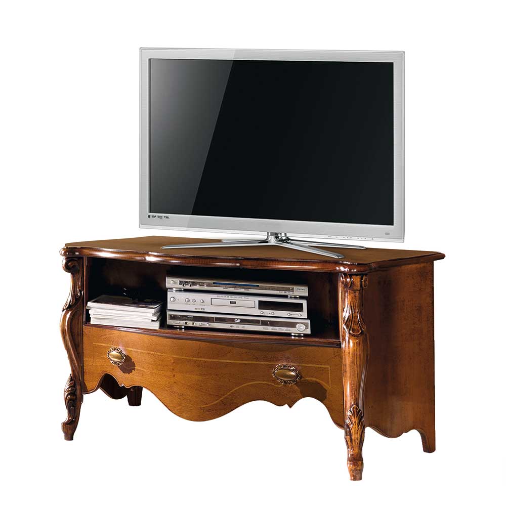 Elegantes italienisches TV Lowboard aus Holz mit geschwungenen Beinen und Stauraum für Wohnzimmer – Carlenna