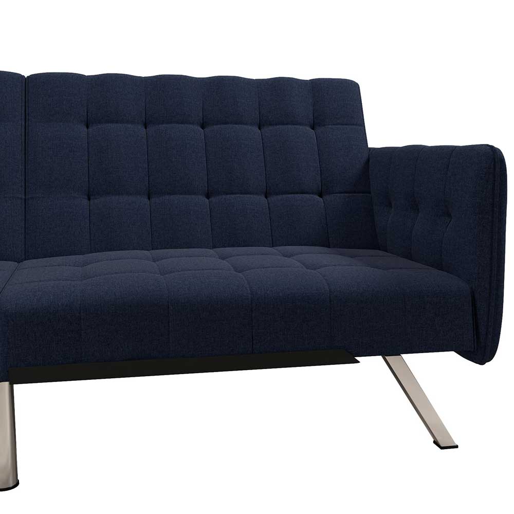 Nahaufnahme der dunkelblauen Stoffpolsterung und der schlanken Chrombeine des Schlafsofas – Didicto