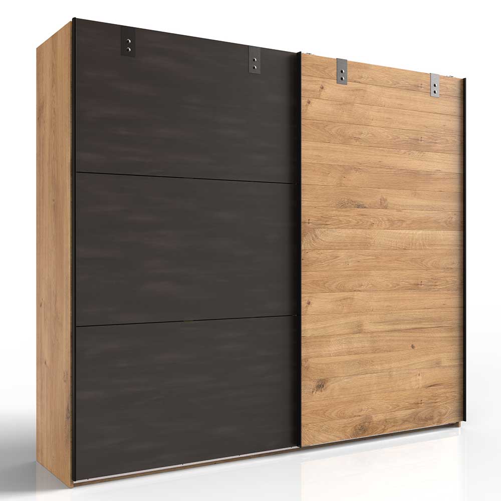 Industrial Schwebetürenschrank zweitürig in dunkler und heller Holzoptik mit Metallrahmen – Bram