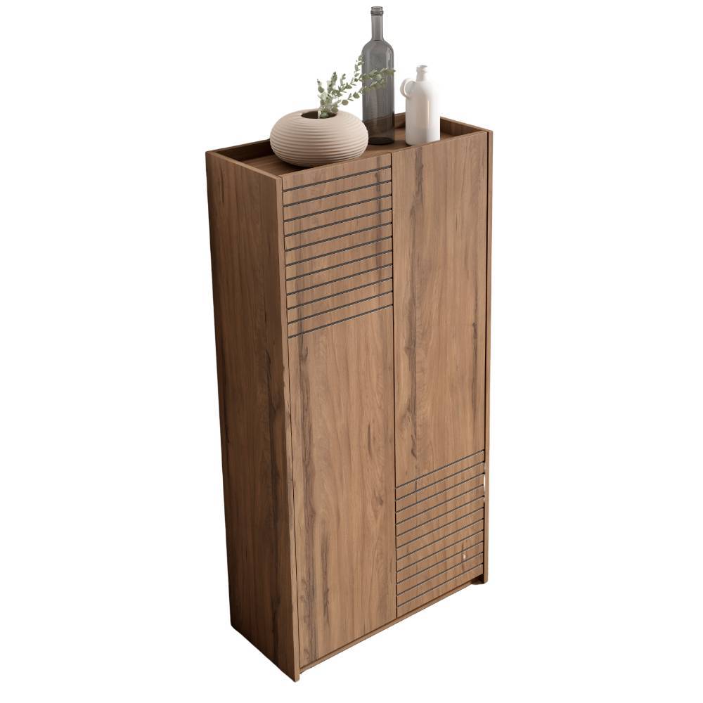 Geschlossener Schuhschrank in Holzoptik Braun mit modernem Lamellen-Design – Mady
